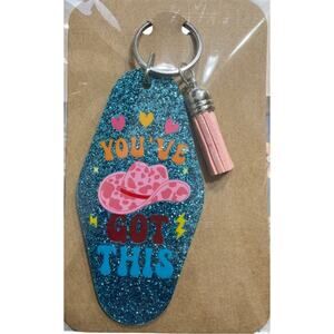 You've Got This Blue Glitter & Pink Tassel Vintage Hotel Motel Keychain Handmade